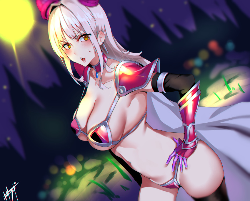 absurdres armor bikini bikini_armor blue_nails blurry blush breasts cape carmilla_(fate/grand_order) choker collarbone commentary_request cosplay cowboy_shot curled_horns curly_hair depth_of_field dutch_angle elizabeth_bathory_(brave)_(fate) elizabeth_bathory_(brave)_(fate)_(cosplay) elizabeth_bathory_(fate)_(all) eyebrows_visible_through_hair fate/grand_order fate_(series) fingernails from_side highres horns kisaragi_(legobionicle23) large_breasts long_fingernails long_hair looking_at_viewer loose_bikini nail_polish navel night night_sky outdoors pauldrons pink_lips red_armor red_bikini revealing_clothes sharp_fingernails silver_hair sky solo string_bikini swimsuit thighhighs thighs tiara underboob white_cape yellow_eyes