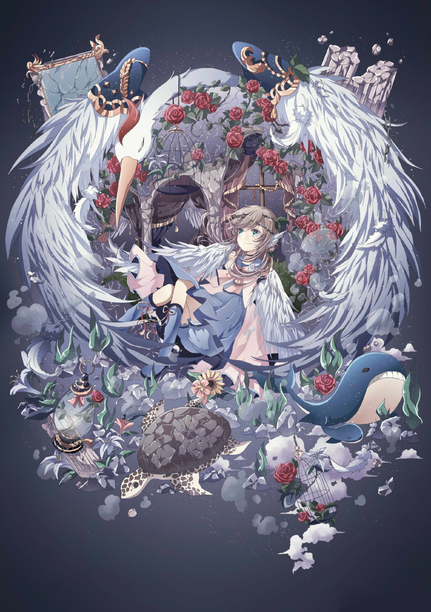 absurdres azure-aoi- bird blue_dress blue_eyes blue_footwear boots brown_hair capelet dress feathered_wings full_body grey_background hair_ornament highres knee_boots long_hair original pleated_dress short_dress smile solo white_capelet wings