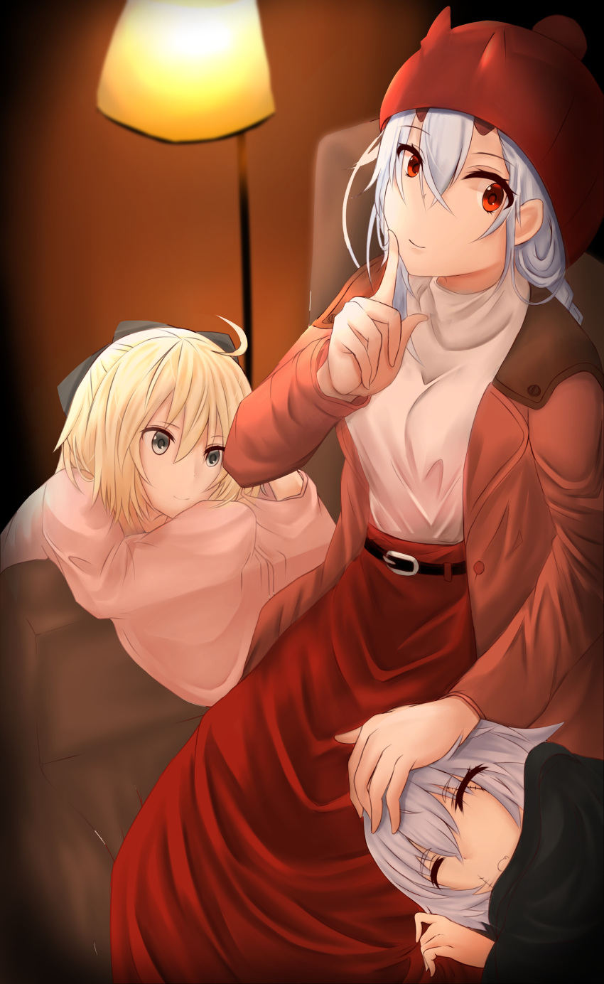 absurdres black_bow blonde_hair bow brown_coat closed_eyes coat commentary_request eto_mitsuba fate/grand_order fate_(series) finger_to_mouth grey_eyes hair_between_eyes hair_bow highres jack_the_ripper_(fate/apocrypha) japanese_clothes kimono lap_pillow long_hair long_skirt looking_at_viewer multiple_girls okita_souji_(fate) okita_souji_(fate)_(all) oni_horns open_clothes open_coat pink_kimono red_eyes red_hair red_skirt short_hair silver_hair sitting skirt sleeping smile sweater tomoe_gozen_(fate/grand_order) turtleneck turtleneck_sweater white_sweater