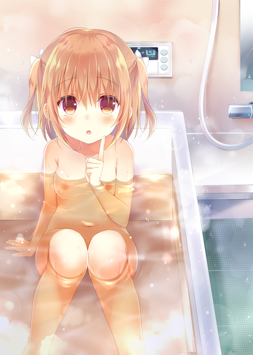 :o arm_support bangs bathing bathroom bathtub blush breasts brown_eyes brown_hair collarbone eyebrows_visible_through_hair feet_out_of_frame fingernails hair_between_eyes hair_ribbon highres index_finger_raised indoors long_hair looking_at_viewer mirror navel nipples nude original parted_lips partially_submerged ribbon shiiba_nae sitting small_breasts solo tile_floor tiles two_side_up water wet white_ribbon