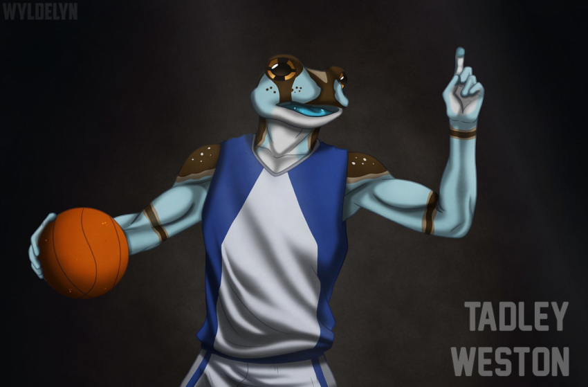 2016 5_fingers action_pose amazon_milk_frog amphibian anthro athletic ball basketball_(ball) basketball_uniform biped black_background blue_skin blue_tongue brown_markings brown_skin brown_spots character_name clothed clothing collarbone countershade_hands countershade_torso countershading digital_drawing_(artwork) digital_media_(artwork) english_text eye_markings facial_markings fba frog front_view frown half-length_portrait holding_ball holding_object lighting male markings multicolored_skin open_frown open_mouth orange_eyes pointing portrait pose shadow simple_background solo sportswear spots spotted_skin standing tadley_weston tan_skin text tree_frog uniform white_countershading white_skin white_spots wyldelyn