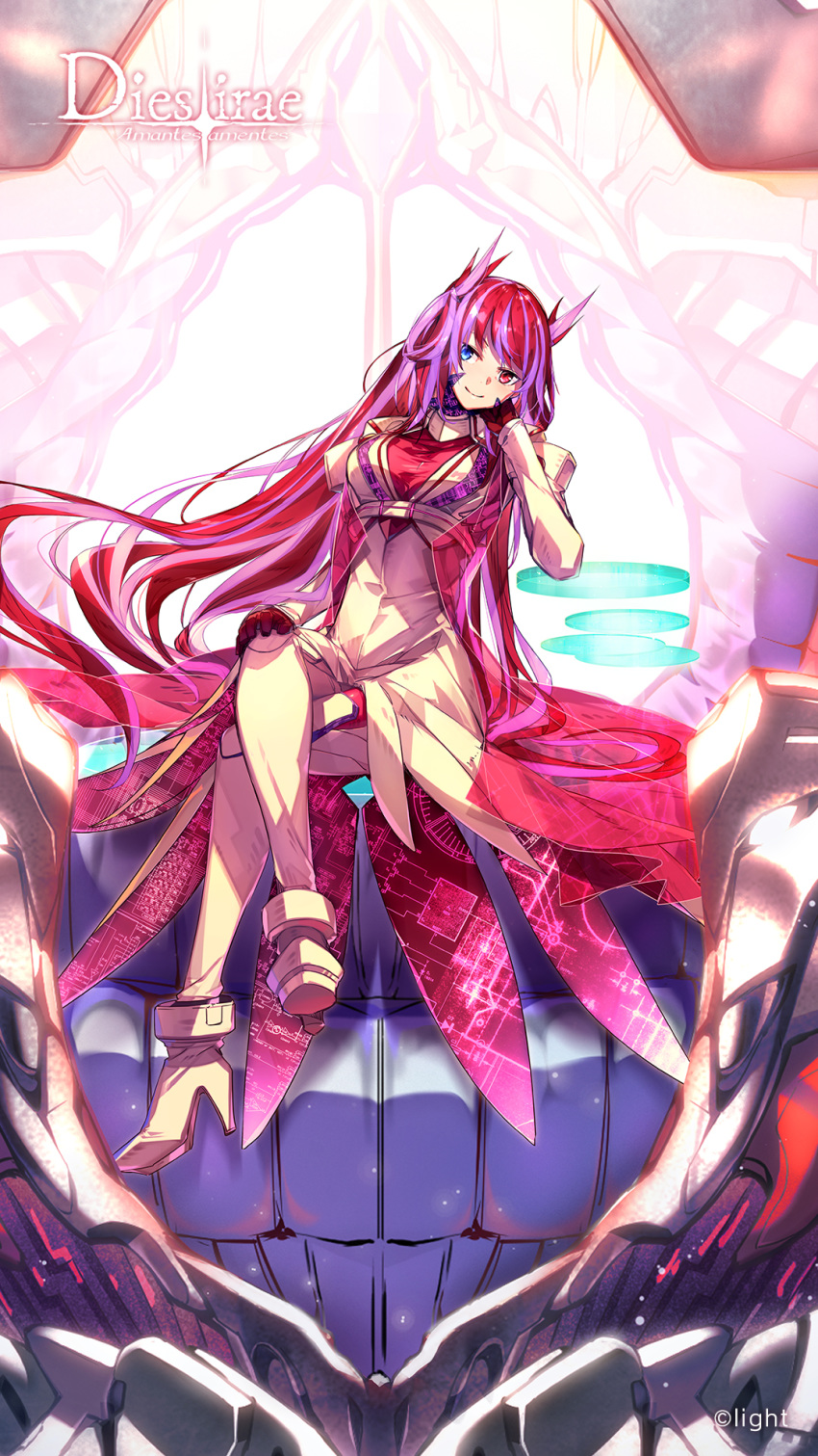 arm_rest artist_request blue_eyes crossed_legs dies_irae dies_irae_pantheon full_body hand_on_own_cheek head_tilt heterochromia high_heels highres long_hair looking_at_viewer mithra_(dies_irae) multicolored_hair official_art pink_hair red_eyes red_hair see-through sitting smile throne unmoving_pattern very_long_hair