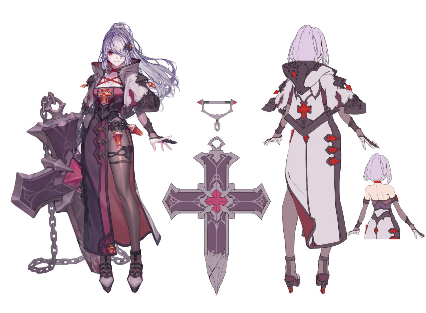 blood bottle breasts chain chyan cross fang full_body hair_ornament hairclip high_heels highres long_hair medium_hair multiple_views original red_eyes stake turnaround vampire variations weapon white_hair