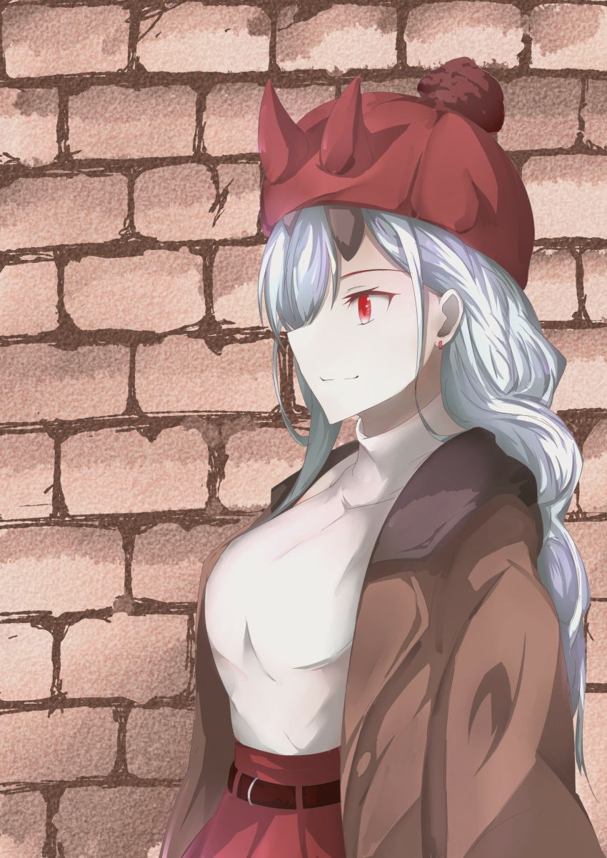 absurdres belt brick_wall brown_coat coat commentary_request fate/grand_order fate_(series) hat highres hiiragi_(siharawasabi) long_hair looking_to_the_side oni_horns open_clothes open_coat red_eyes red_hat red_skirt silver_hair skirt solo sweater tomoe_gozen_(fate/grand_order) turtleneck turtleneck_sweater white_sweater