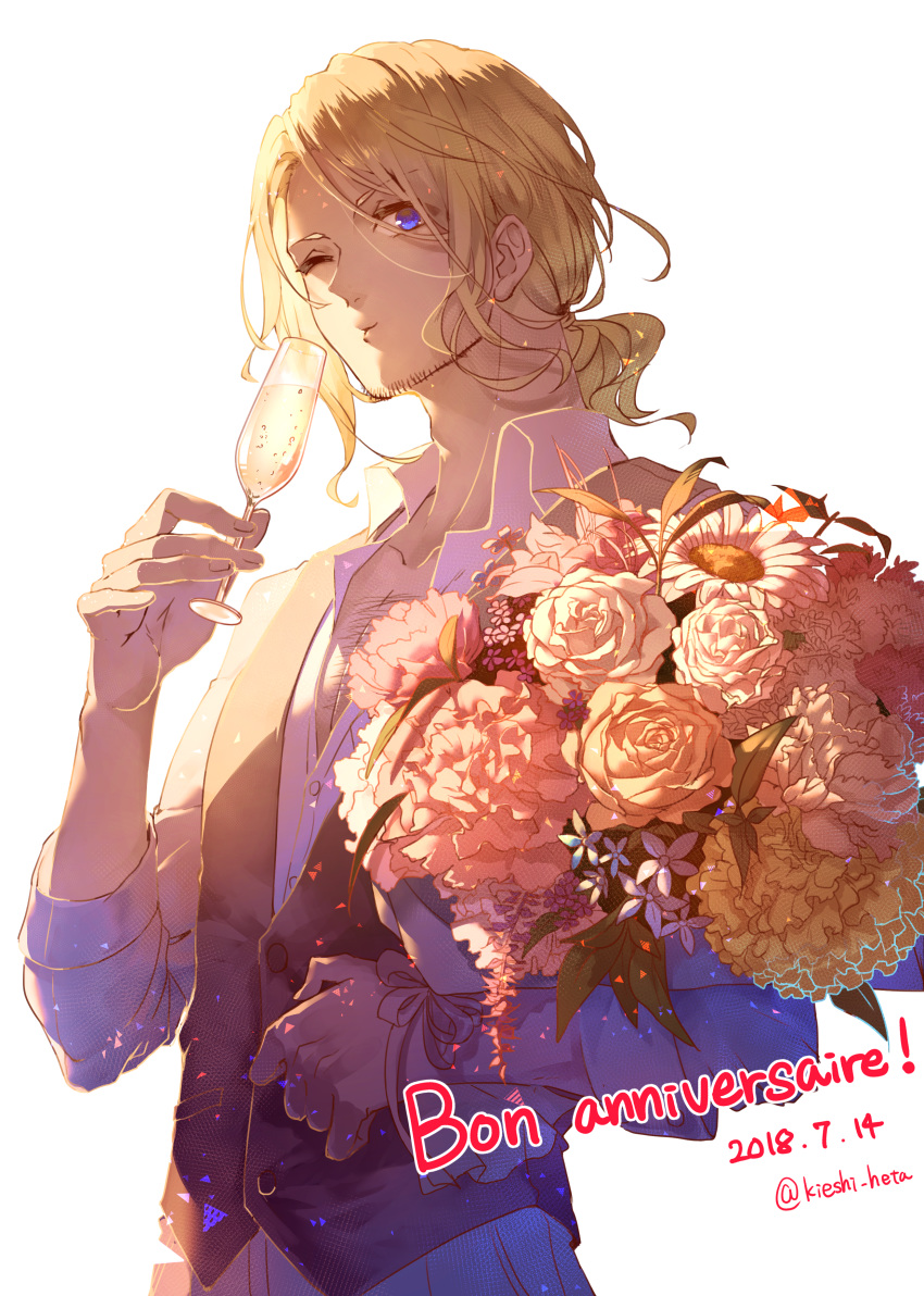 absurdres alcohol axis_powers_hetalia blonde_hair blue_eyes bouquet champagne champagne_flute commentary_request cup dated drink drinking_glass flower france_(hetalia) french highres holding kieshi_heta male_focus one_eye_closed personification simple_background solo twitter_username upper_body waistcoat white_background