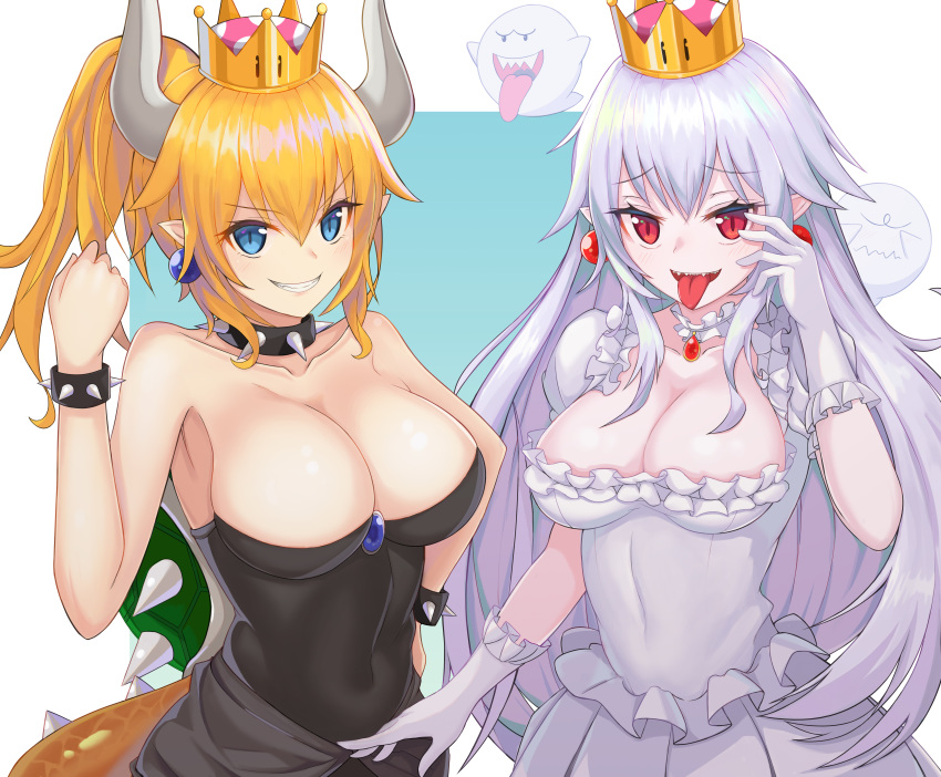 absurdres bare_shoulders blue_earrings blue_eyes boo bowsette bracelet breasts choker cleavage clenched_teeth collar collarbone commentary_request covered_navel crown dress earrings eyebrows_visible_through_hair frilled_choker frilled_dress frills gloves hair_between_eyes highres horns jewelry large_breasts long_hair looking_at_viewer mario_(series) multiple_girls new_super_mario_bros._u_deluxe open_mouth pipipipyu pointy_ears ponytail princess_king_boo puffy_short_sleeves puffy_sleeves red_earrings red_eyes short_hair short_sleeves slit_pupils smile spiked_bracelet spiked_collar spikes super_crown tail teeth tongue tongue_out white_choker white_dress white_gloves