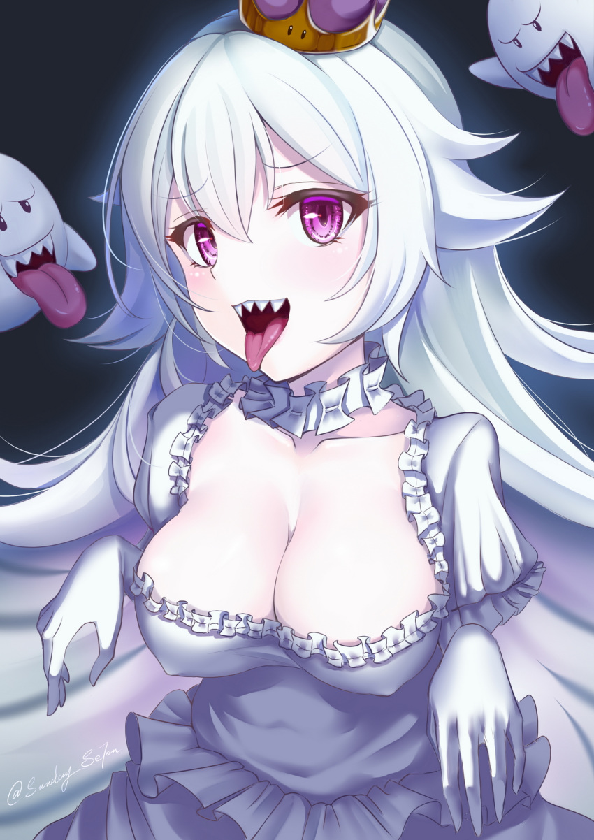 boo breasts choker cleavage cleavage_cutout collarbone commentary_request crown dress eyebrows_visible_through_hair frilled_choker frilled_dress frills gloves hair_between_eyes highres long_hair luigi's_mansion mario_(series) new_super_mario_bros._u_deluxe open_mouth pale_skin princess_king_boo purple_eyes sharp_teeth solo sunday_se7en super_crown teeth tilted_headwear tongue tongue_out twitter_username white_choker white_dress white_gloves white_hair