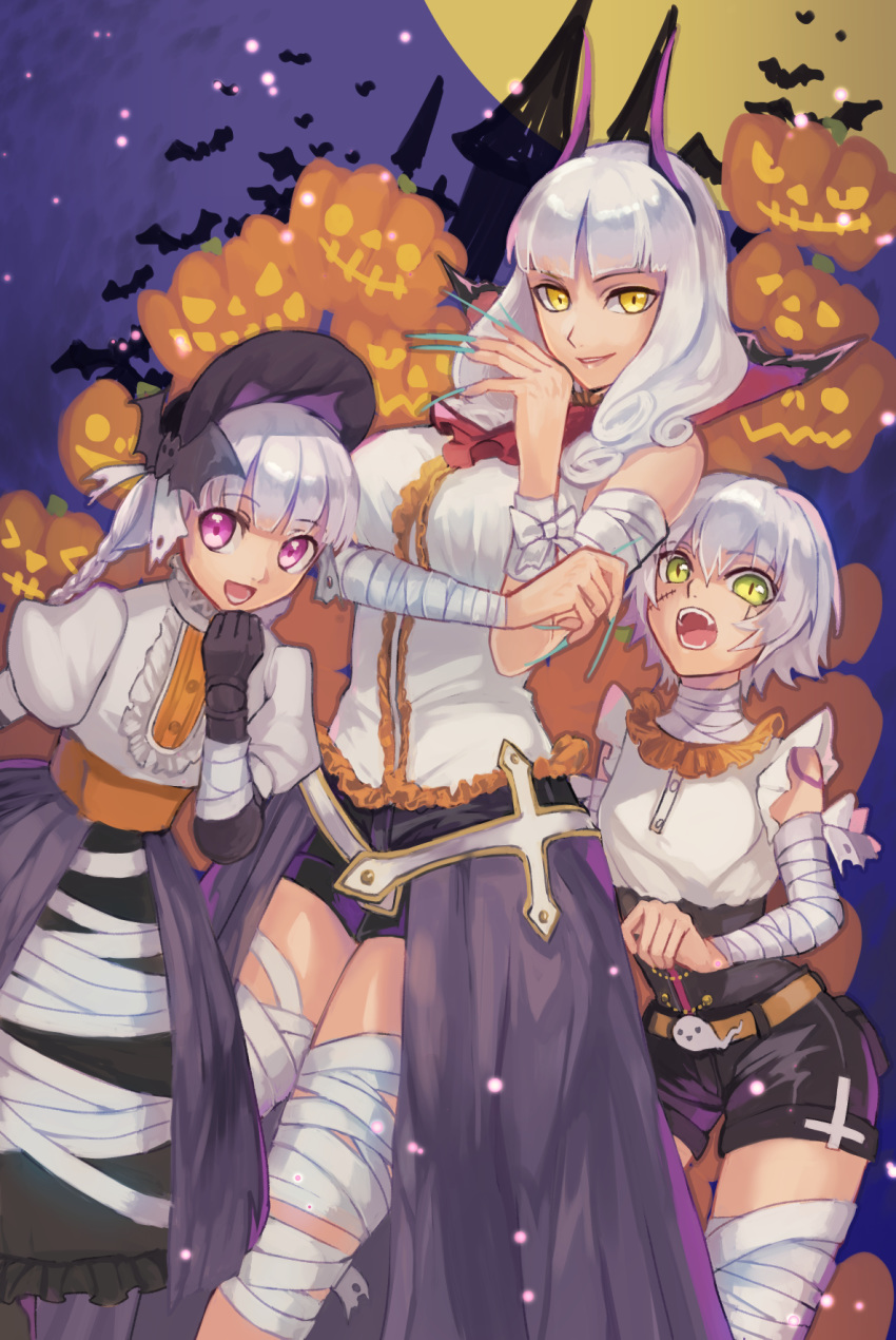 :d :o alternate_costume aqua_nails arm_under_breasts bandaged_arm bandaged_leg bandaged_neck bandages bat_hair_ornament braid breasts carmilla_(fate/grand_order) commentary_request facial_scar fate/grand_order fate_(series) fingernails hair_ornament halloween hat high_collar highres jack-o'-lantern jack_the_ripper_(fate/apocrypha) juliet_sleeves large_breasts long_sleeves looking_at_viewer medium_hair multiple_girls nail_polish nursery_rhyme_(fate/extra) open_mouth puffy_sleeves purple_eyes sangatsu_(mitsuki358) scar scar_across_eye scar_on_cheek sharp_fingernails shorts silver_hair smile very_long_fingernails waist_cape yellow_eyes