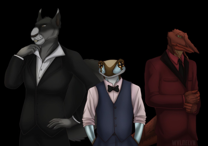 2016 4_fingers 5_fingers amazon_milk_frog amphibian antennae anthro arthropod big_breasts biped black_background black_fur black_nails blue_skin bow_tie breasts brown_antennae brown_exoskeleton brown_eyes brown_markings brown_skin brown_tail buckteeth business_suit clothed clothing colored_nails crustacean digital_drawing_(artwork) digital_media_(artwork) dress_shirt ear_tuft exoskeleton eye_markings facial_markings female fingerless_(marking) fluffy fluffy_tail fox_squirrel freckles frog front_view frown fur fur_tuft green_sclera grey_fur group half-length_portrait hand_on_hip hands_in_pockets hands_together humanoid_hands larger_female larger_male lobster looking_at_viewer male mammal marine markings multicolored_fur multicolored_skin muzzle_(marking) muzzle_scabs necktie orange_eyes pants pockets portrait raised_arm rodent rolled_up_sleeves rosa_baumhauer saverio_lazzari shirt simple_background size_difference smaller_male smile snout squirrel standing suit sweater_vest tadley_weston tan_exoskeleton tan_skin teeth tree_frog tuft two_tone_exoskeleton two_tone_fur wyldelyn