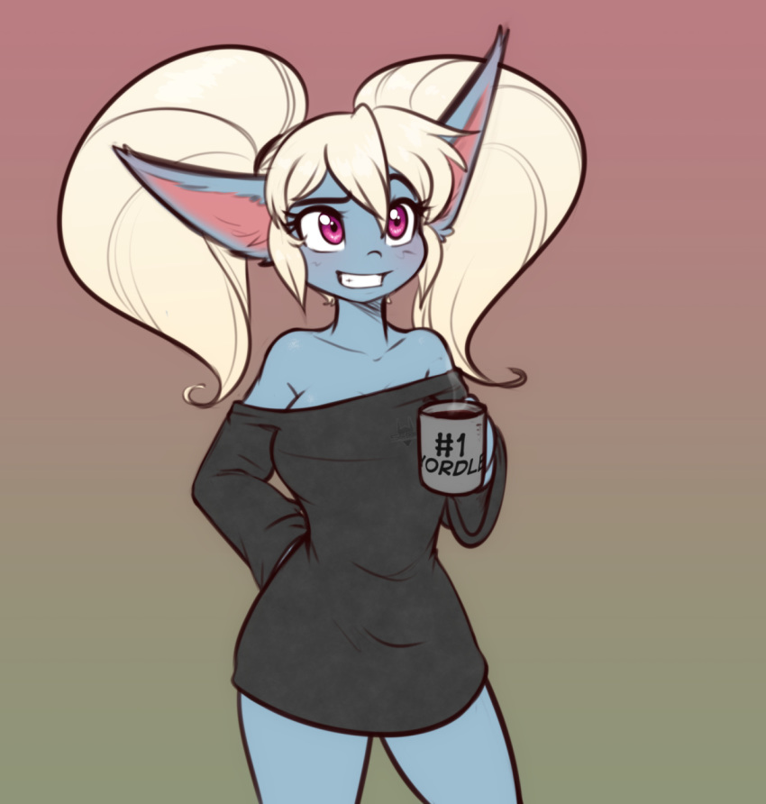 anthro beverage black_clothing blonde_hair blue_skin bottomless clothed clothing coffee cup digital_media_(artwork) english_text eyelashes female gradient_background grin hair hand_on_hip holding_cup holding_mug holding_object league_of_legends long_ears pigtails poppy_(lol) portrait purple_eyes raised_eyebrow riot_games scorpdk simple_background smile smoke solo standing sweater teeth text three-quarter_portrait video_games white_hair yordle