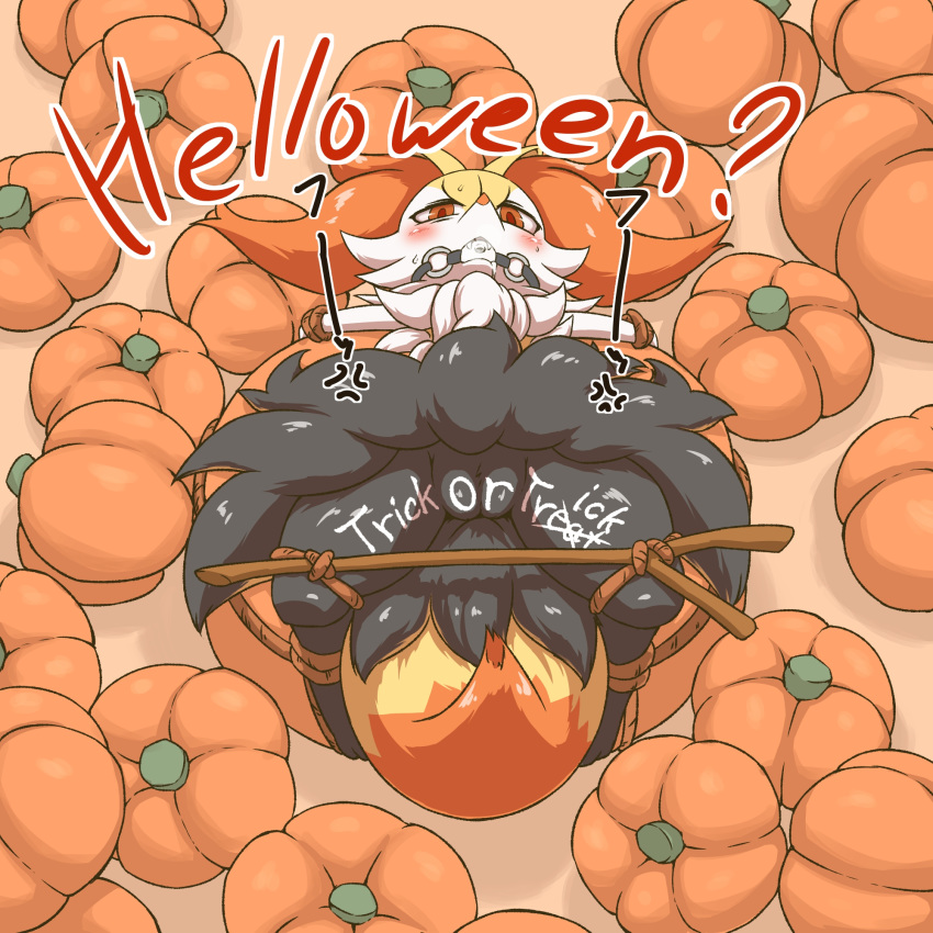 anger_vein ball_gag bdsm black_fur blush body_writing bondage bound braixen breath canine doromizo english_text fangs female food fruit fur gag gagged half-closed_eyes halloween hi_res holidays japanese_text looking_at_viewer lying mammal nintendo nude on_back orange_background pok&eacute;mon pok&eacute;mon_(species) pumpkin red_eyes red_fur rope simple_background solo spread_legs spreader_bra spreading stick sweat text translation_request trick_or_treat video_games white_fur yellow_fur