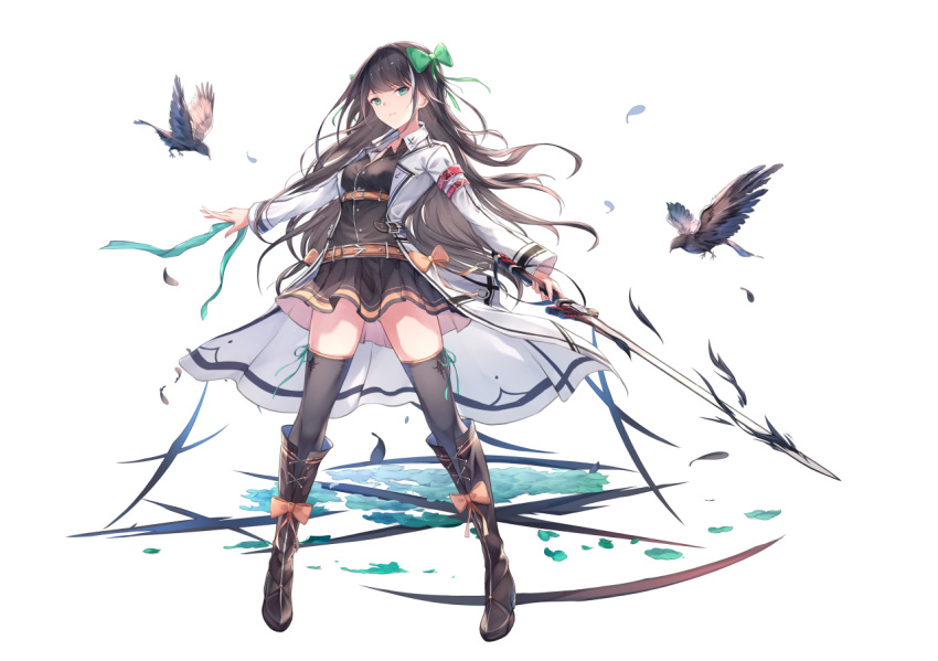 aqua_eyes aqua_ribbon arm_belt bangs belt belt_buckle bird black_footwear black_hair black_legwear black_skirt boots bow buckle closed_mouth coat commentary cross-laced_footwear eyebrows_visible_through_hair feathers full_body fuuro_(johnsonwade) green_bow hair_bow holding holding_sword holding_weapon knee_boots legs_apart long_hair long_sleeves looking_at_viewer medium_hair multicolored_hair open_clothes open_coat orange_bow original outstretched_arms raven_(animal) ribbon simple_background skirt solo standing streaked_hair sword thighhighs underbust very_long_hair weapon white_background white_hair zettai_ryouiki