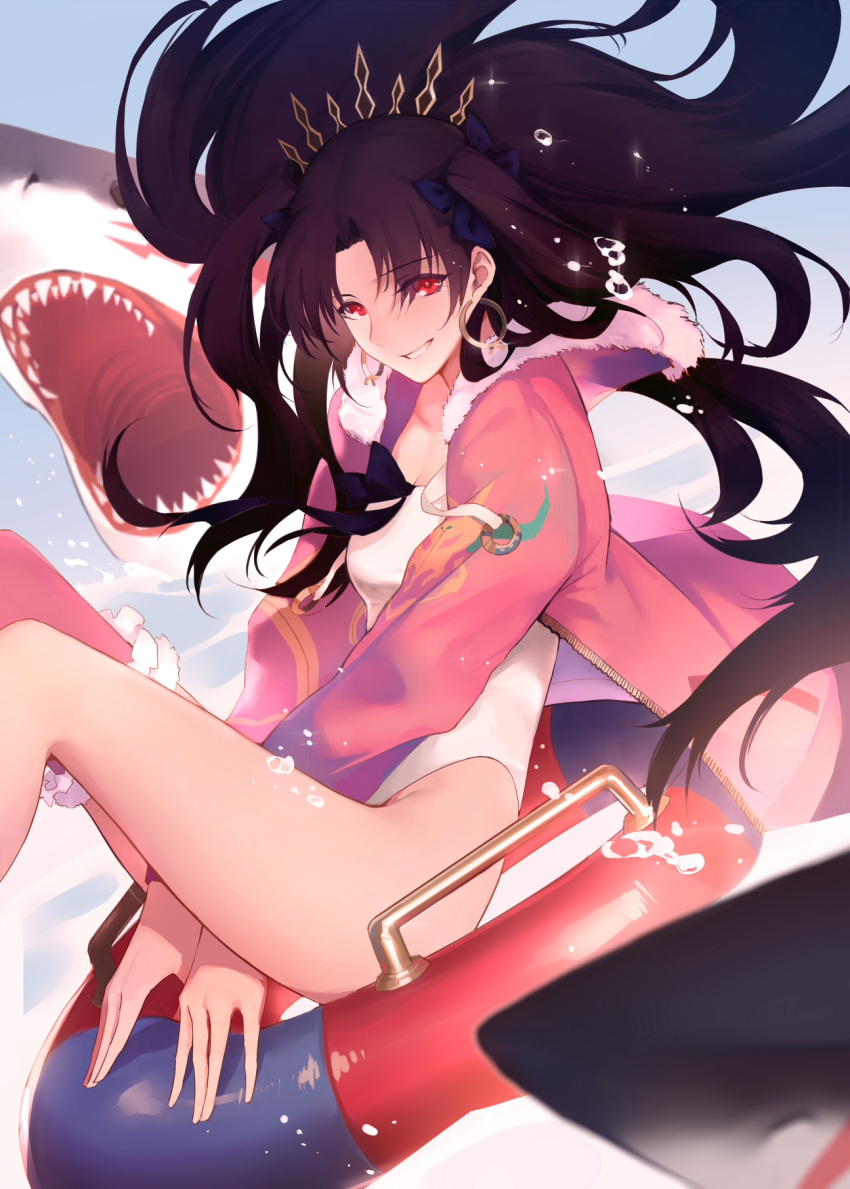 black_hair casual_one-piece_swimsuit earrings fate/grand_order fate_(series) feet_out_of_frame fur-trimmed_jacket fur_trim highleg highleg_swimsuit highres hoop_earrings innertube ishtar_(fate/grand_order) jacket jewelry long_hair looking_at_viewer one-piece_swimsuit parted_lips pink_jacket red_eyes reroi riding shark smile swimsuit tiara two_side_up white_swimsuit