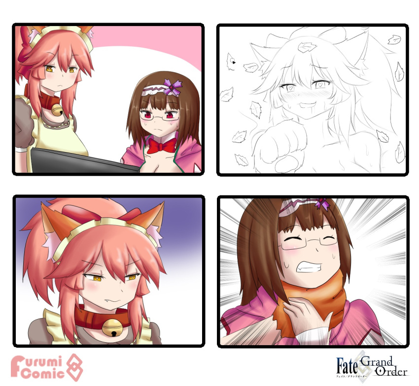alternate_costume animal_ear_fluff animal_ears apron bell bell_collar breasts brown_hair cat_paws choke_hold clenched_teeth closed_eyes closed_mouth collar collarbone commentary computer drawing enmaided fangs fate/grand_order fate_(series) fox_ears glasses gloves hair_ornament hair_ribbon heart heart-shaped_pupils highres hikikomori jingle_bell keita_naruzawa large_breasts long_hair maid maid_apron maid_headdress monochrome multiple_girls osakabe-hime_(fate/grand_order) paw_gloves paws pink_hair ponytail purple_eyes red-framed_eyewear red_ribbon ribbon saliva saliva_trail semi-rimless_eyewear strangling symbol-shaped_pupils tablet tamamo_(fate)_(all) tamamo_cat_(fate) tamamo_no_mae_(fate) teeth very_long_hair waist_apron