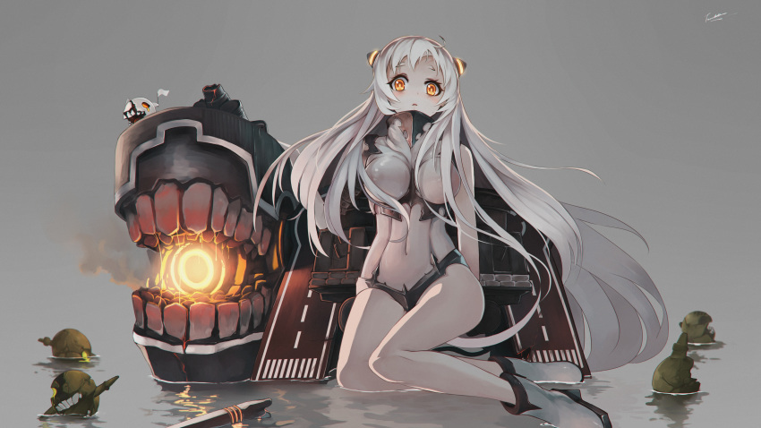 absurdres airfield_hime ankle_boots bad_id bad_pixiv_id boots breasts damaged enemy_aircraft_(kantai_collection) fancyark flag highres horn horns kantai_collection large_breasts leotard long_hair looking_at_viewer mini_flag navel pale_skin shinkaisei-kan sitting solo very_long_hair white_flag white_hair white_legwear white_skin yellow_eyes yokozuwari
