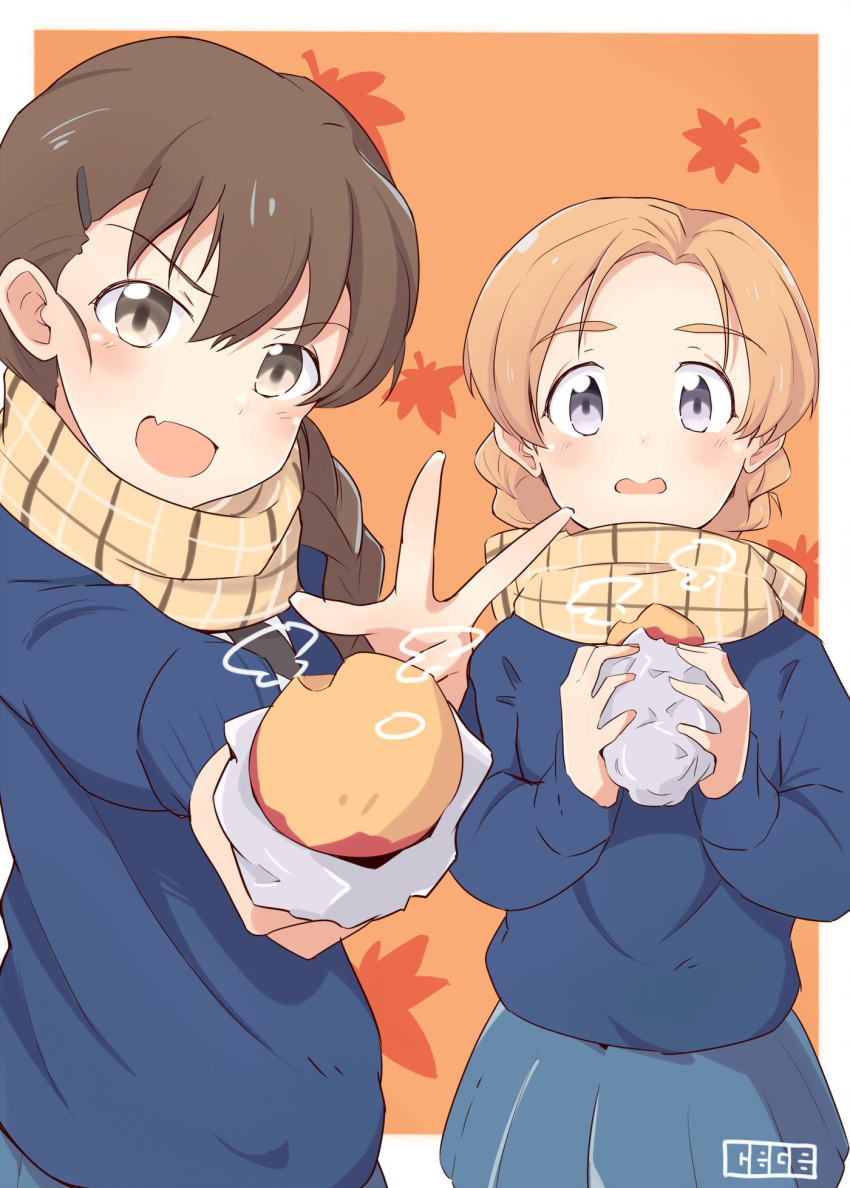 artist_name bangs blue_skirt blue_sweater blush braid brown_eyes brown_hair cbgb commentary eyebrows_visible_through_hair fang food foreshortening frown girls_und_panzer hair_ornament hair_over_shoulder hairclip highres holding holding_food leaf_print long_hair long_sleeves looking_at_viewer miniskirt multiple_girls open_mouth orange_background orange_pekoe outside_border parted_bangs plaid plaid_scarf pleated_skirt potato rukuriri scarf school_uniform short_hair single_braid skirt smile st._gloriana's_school_uniform standing steam sweater w wavy_mouth yellow_scarf