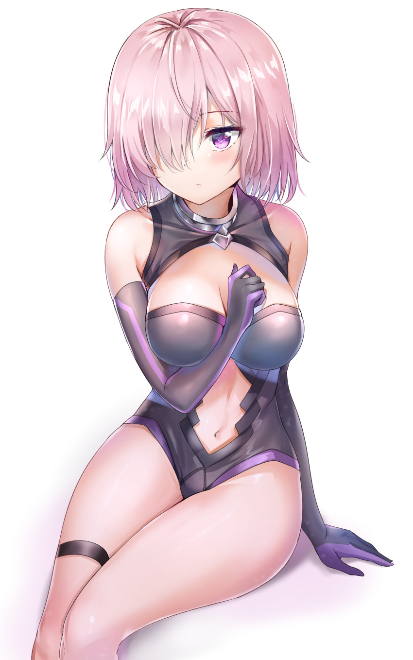 absurdres black_gloves blush breasts closed_mouth elbow_gloves eyebrows_visible_through_hair fate/grand_order fate_(series) gloves hair_over_one_eye highres large_breasts mash_kyrielight navel pink_eyes pink_hair sitting solo sunhyun thigh_strap white_background