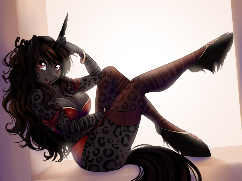 2016 anthro askbubblelee breasts brown_hair catnamedfish cleavage clothed clothing equine fan_character female hair horn legwear lingerie looking_at_viewer mammal my_little_pony neysa open_mouth panties pose solo stockings underwear unicorn whiskers