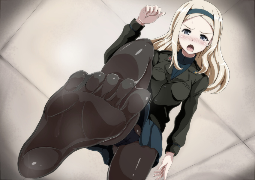 aleksandra_i_pokryshkin arobiro black_legwear black_panties blazer blonde_hair blush brave_witches breasts cameltoe commentary_request d: feet forehead foreshortening from_below furrowed_eyebrows green_hairband green_jacket grey_eyes hair_ornament hairband highres jacket long_hair long_sleeves looking_at_viewer looking_down lowleg lowleg_panties medium_breasts military military_uniform no_shoes nose_blush open_mouth panties panties_under_pantyhose pantyhose pov_feet red_star see-through see-through_silhouette skirt soles solo standing standing_on_one_leg toes underwear uniform upskirt world_witches_series