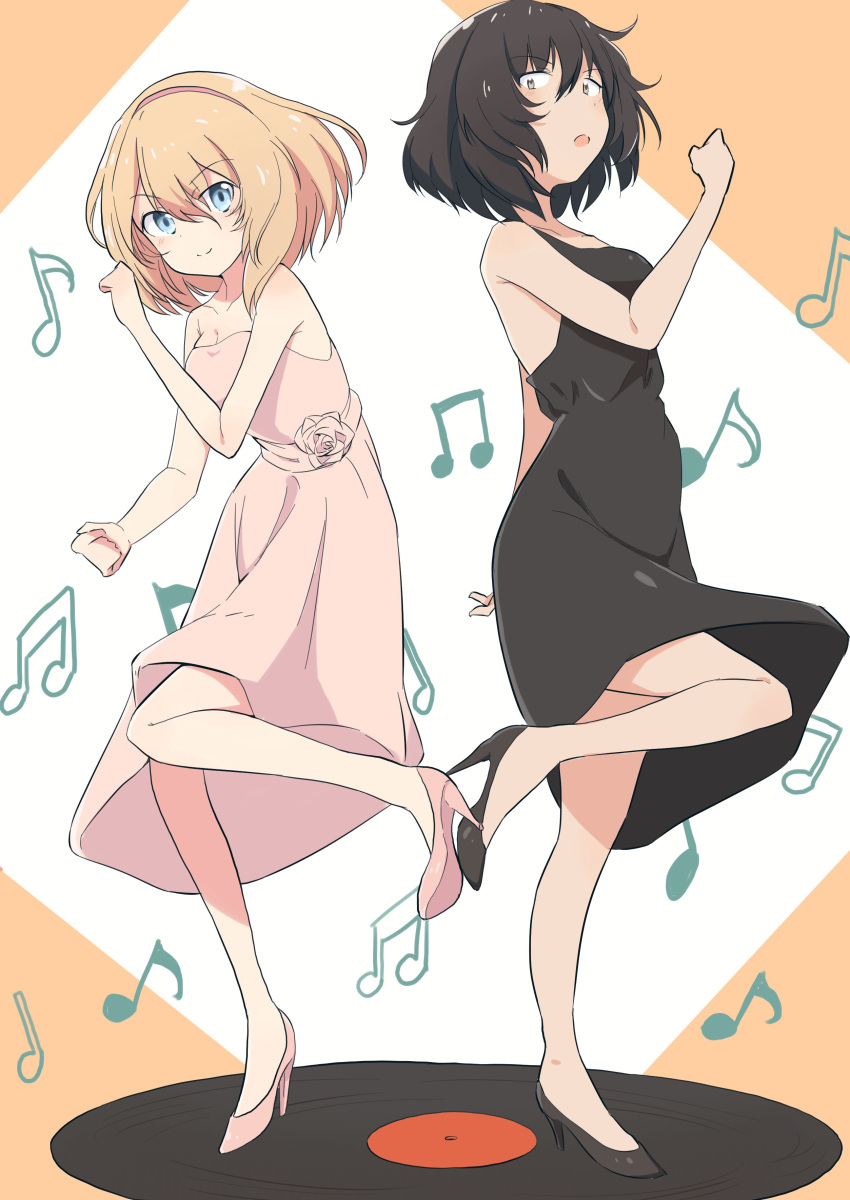 andou_(girls_und_panzer) bangs beamed_eighth_notes black_dress black_footwear black_hair blonde_hair blue_eyes breasts brown_eyes cbgb cleavage clenched_hands closed_mouth commentary dancing dark_skin dress eighth_note eyebrows_visible_through_hair flower formal frown girls_und_panzer high_heels highres leg_up looking_at_viewer medium_breasts medium_hair messy_hair musical_note open_mouth oshida_(girls_und_panzer) pink_dress pink_flower pink_footwear pink_rose quarter_note record rose sleeveless sleeveless_dress smile standing standing_on_one_leg strapless strapless_dress v-shaped_eyebrows