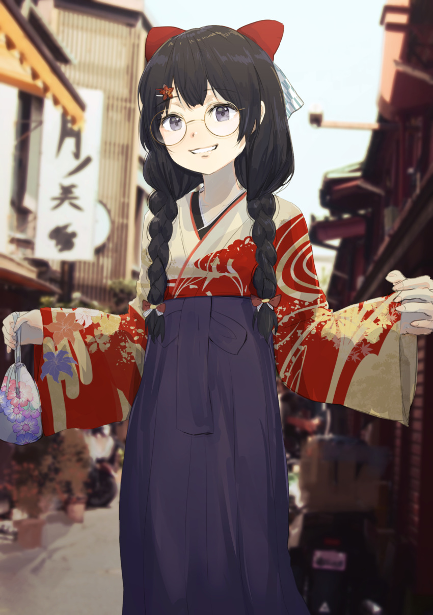 absurdres bangs black_hair blue_sky blush bow braid building day eyebrows_visible_through_hair fingernails floral_print flower glasses hair_bow hair_flower hair_ornament hairclip high-waist_skirt highres holding japanese_clothes kimono kumamoto_nomii-kun long_hair long_sleeves low_twintails nijisanji outdoors parted_lips print_kimono purple_skirt red_bow red_flower road round_eyewear short_kimono sign skirt sky sleeves_past_wrists solo standing street tsukino_mito twin_braids twintails white_kimono wide_sleeves yagasuri