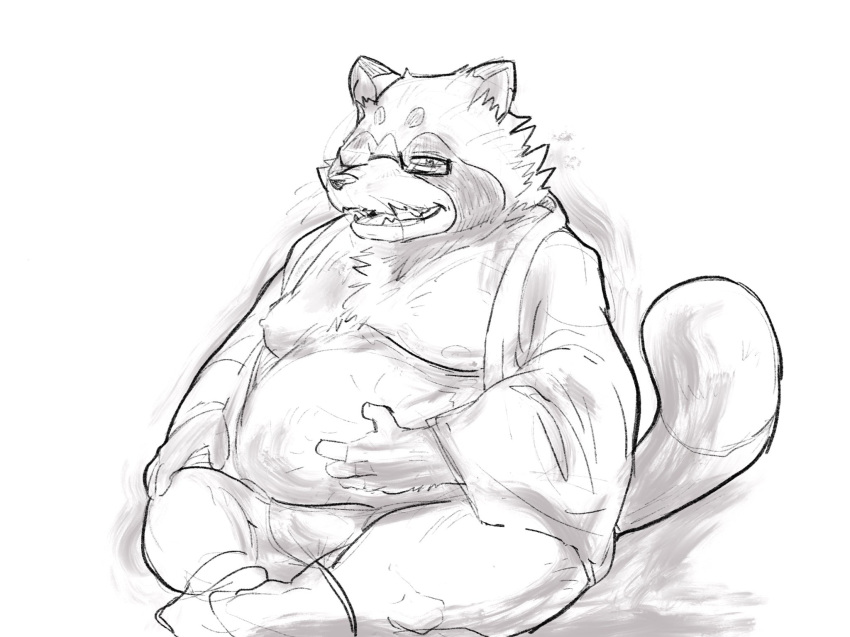 2018 anthro belly canine clothing eyewear glasses hysk male mammal moobs nipples overweight overweight_male robe simple_background sitting solo tanuki tenugui