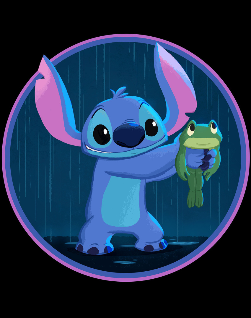 alien amphibian black_eyes blue_claws blue_fur blue_nose claws disney duo experiment_(species) feral frog fur green_body head_tuft hi_res holding_character lilo_and_stitch megancrisp24 notched_ear raining simple_background smile standing stitch tuft