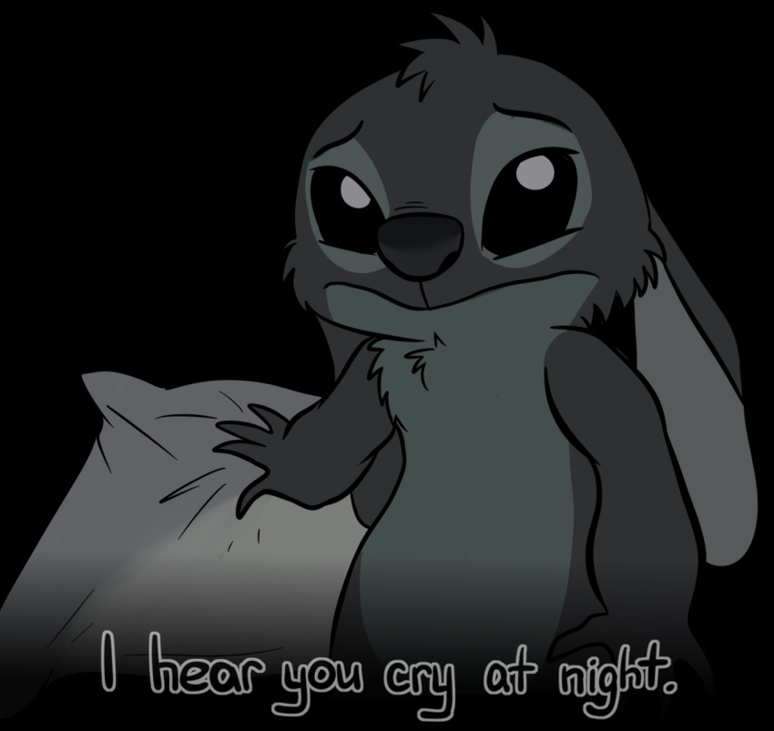 2018 4_fingers alien black_background chest_tuft digital_drawing_(artwork) digital_media_(artwork) disney ears_down english_text experiment_(species) fur greyscale head_tuft lancesydney lilo_and_stitch looking_at_viewer monochrome pillow raised_inner_eyebrows reaction_image sad simple_background solo stitch text tuft