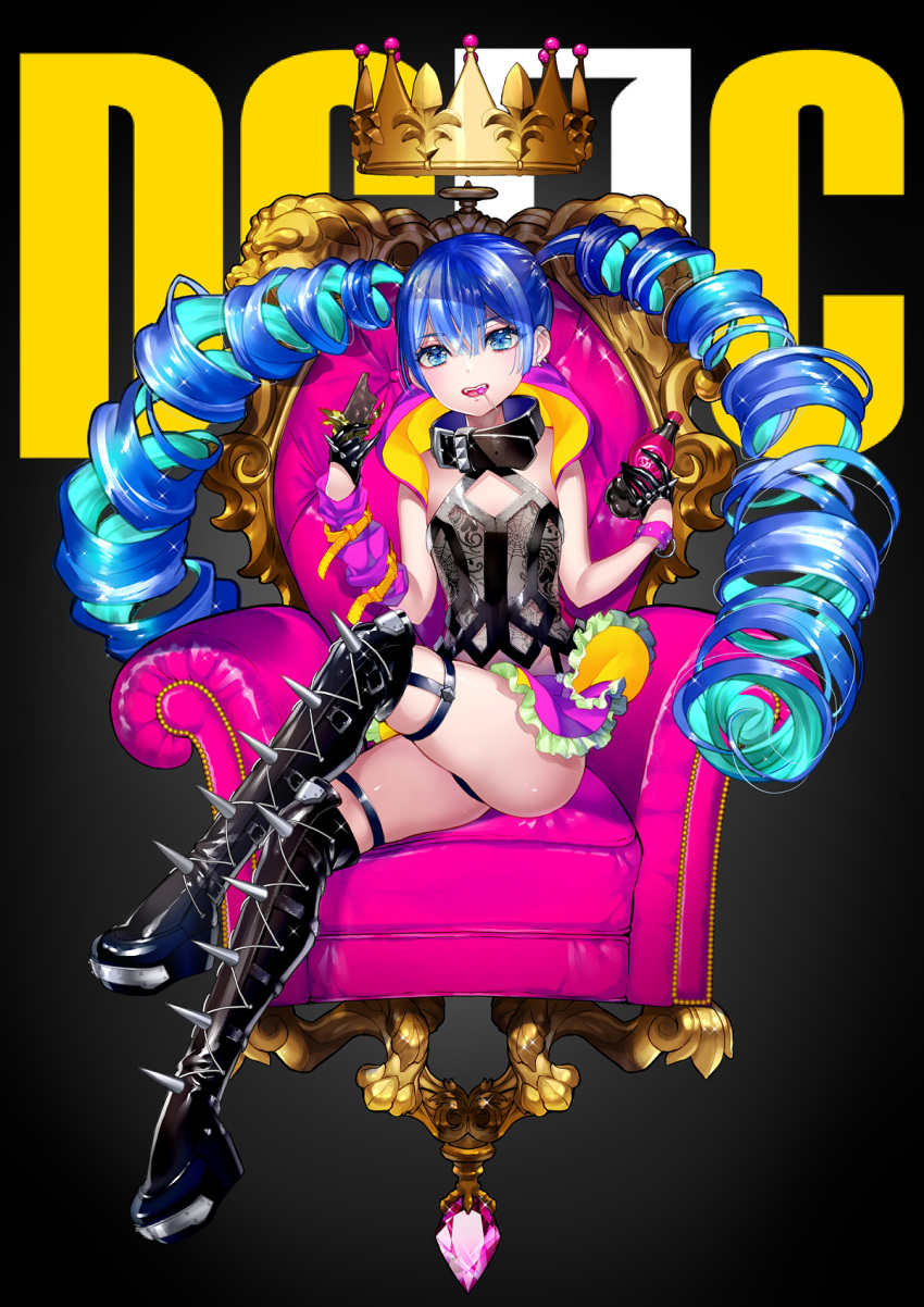 armchair bangs belt_buckle belt_collar black_background black_collar black_footwear black_gloves black_legwear blue_hair boots bottle buckle candy chair character_request chocolate collar crossed_legs crown destiny_child detached_sleeves drill_hair eyebrows_visible_through_hair fangs_out food food_in_mouth frilled_skirt frills gloves gradient gradient_background hair_between_eyes half_gloves hands_up head_tilt highres holding holding_bottle holding_food lollipop long_hair long_sleeves mouth_hold multicolored_hair parted_lips platform_footwear purple_skirt purple_sleeves see-through single_detached_sleeve sitting skirt sleeves_past_wrists solo spiked_boots spiked_gloves studded_collar tamaki_mitsune thigh_boots thighhighs twin_drills two-tone_hair very_long_hair
