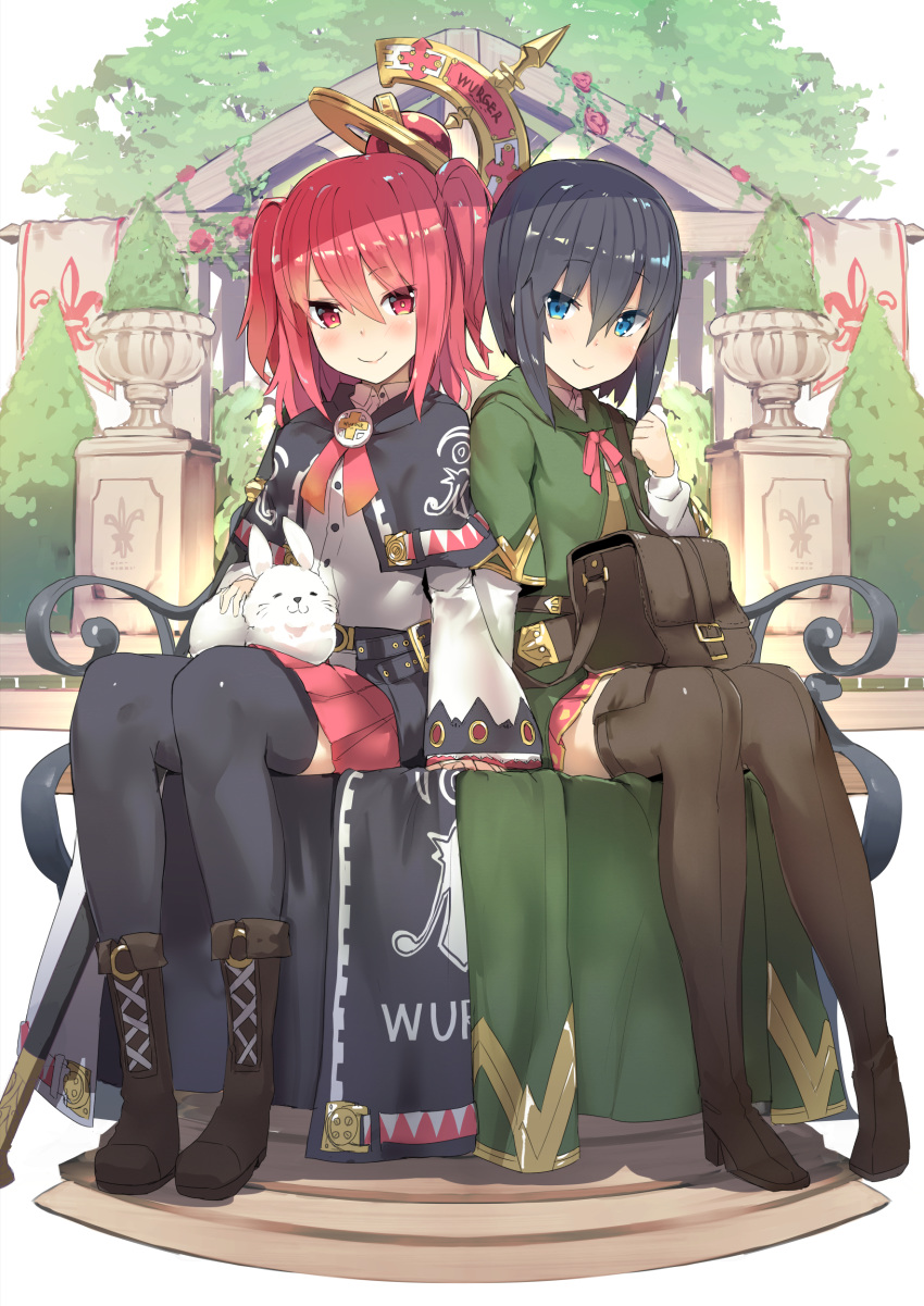absurdres animal animal_on_lap bag black_hair blue_eyes boots bunny eyebrows_visible_through_hair highres isegawa_yasutaka looking_at_viewer multiple_girls novel_illustration original pleated_skirt red_eyes red_hair short_hair short_twintails sitting skirt smile staff thigh_boots thighhighs twintails