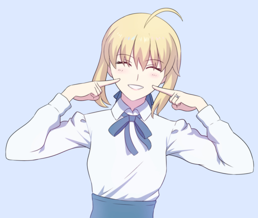 ^_^ ^o^ ahoge artoria_pendragon_(all) bangs blonde_hair blue_background blue_ribbon blue_skirt blush bow bowtie closed_eyes eyebrows_visible_through_hair facing_viewer fate/stay_night fate_(series) fateline_alpha finger_to_cheek hair_between_eyes hair_ribbon hands_up highres jewelry long_sleeves neck_ribbon pointing pointing_at_self ribbon ring saber shirt short_hair sidelocks simple_background skirt smile solo upper_body wedding_band white_shirt