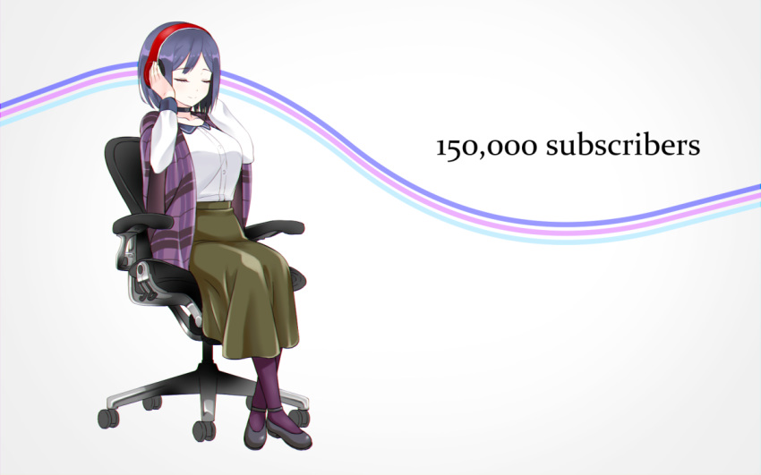 arms_up black_footwear breasts chair closed_eyes closed_mouth commentary_request crossed_legs dress_shirt followers green_skirt grey_background hands_on_headphones headphones high-waist_skirt medium_breasts nijisanji office_chair on_chair pantyhose purple_hair purple_legwear shawl shirihime shirt shizuka_rin shoes short_hair sitting skirt smile solo virtual_youtuber white_shirt wide_shot