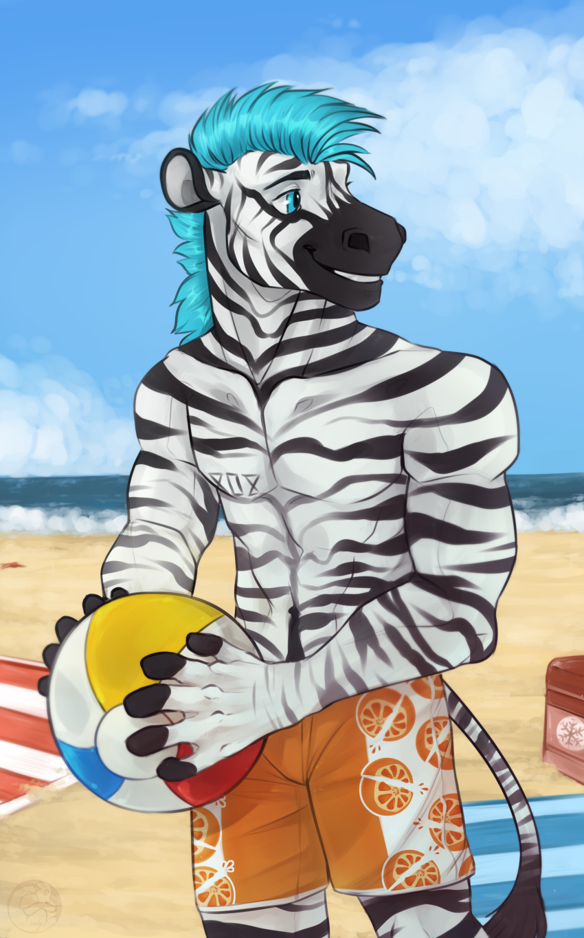 2018 anthro ball beach blue_eyes blue_hair clothed clothing cloud equine featureless_chest hair male mammal nerton outside sand sea seaside short_hair smile solo standing swimsuit teeth topless vlaski_(character) water zebra