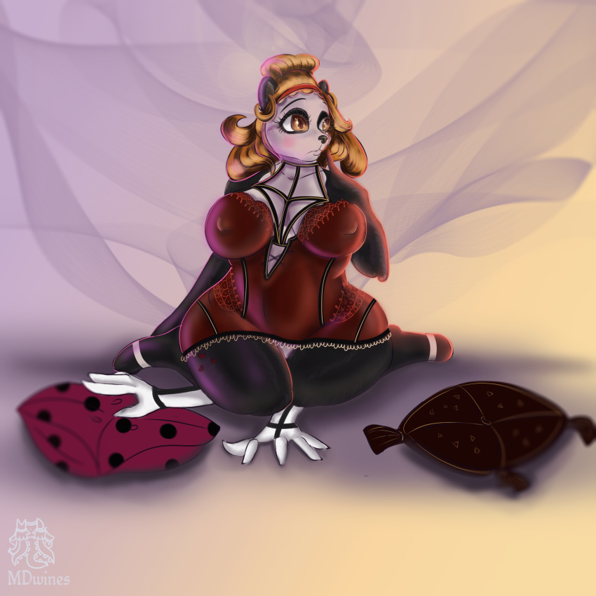 2018 ambiguous_gender anthro bear belly big_breasts big_butt blush breasts brown_eyes butt clothed clothing digital_media_(artwork) domina domination duo female female/ambiguous fur ginger hair hi_res humor lying mammal mdwines nipples orange_hair overweight panda pillow red_cloth red_hair simple_background sitting_on thick_thighs