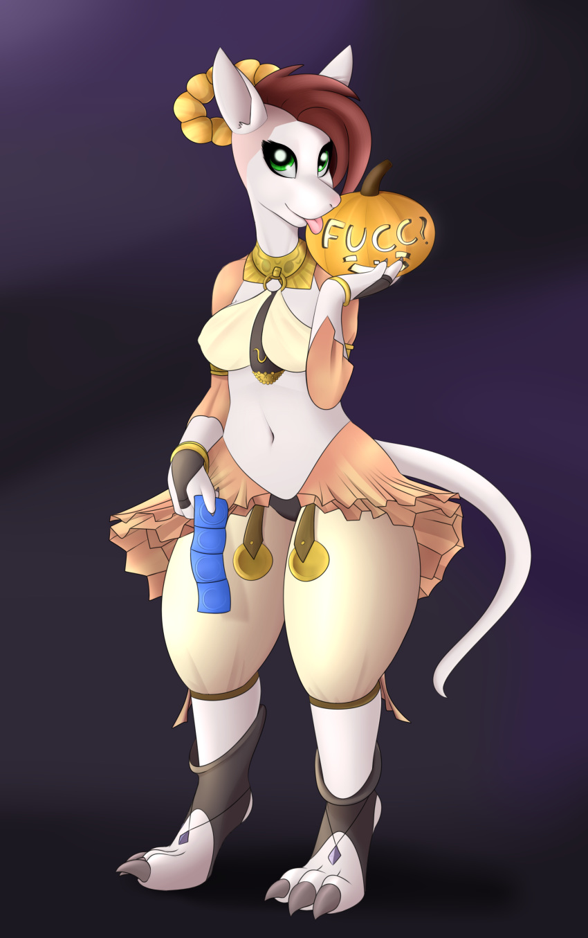anthro booponies burmecian clothed clothing condom female final_fantasy food fruit halloween holidays jewelry mammal necklace orange_clothing pumpkin reis_(nukepone) rodent skirt square_enix standing text tongue video_games