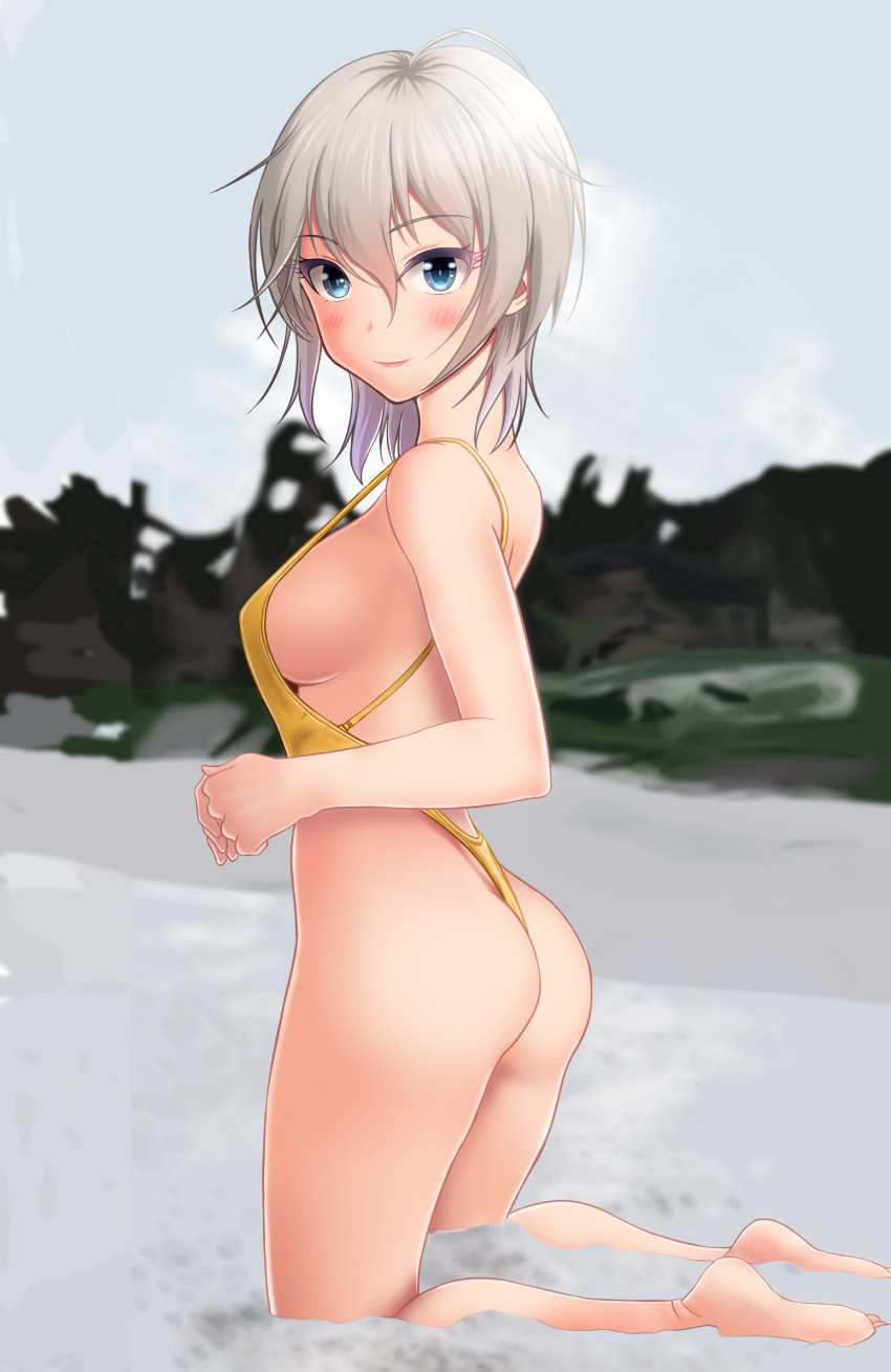 anastasia_(idolmaster) ass back bangs barefoot blue_eyes blush breasts closed_mouth commentary_request hair_between_eyes highres hips idolmaster idolmaster_cinderella_girls kneeling looking_at_viewer looking_to_the_side medium_breasts short_hair sideboob silver_hair smile solo swimsuit taka_(takahirokun) thighs yellow_swimsuit