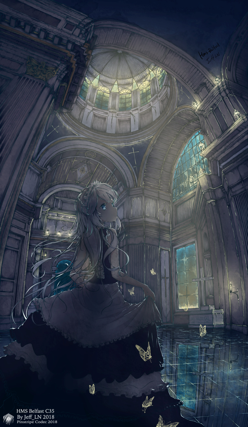 absurdres artist_name azur_lane belfast_(azur_lane) blue_eyes candle character_name church church_interior closed_mouth cross from_behind highres huge_filesize indoors interior jeff_laoniu long_hair looking_away maid_headdress scenery solo white_hair