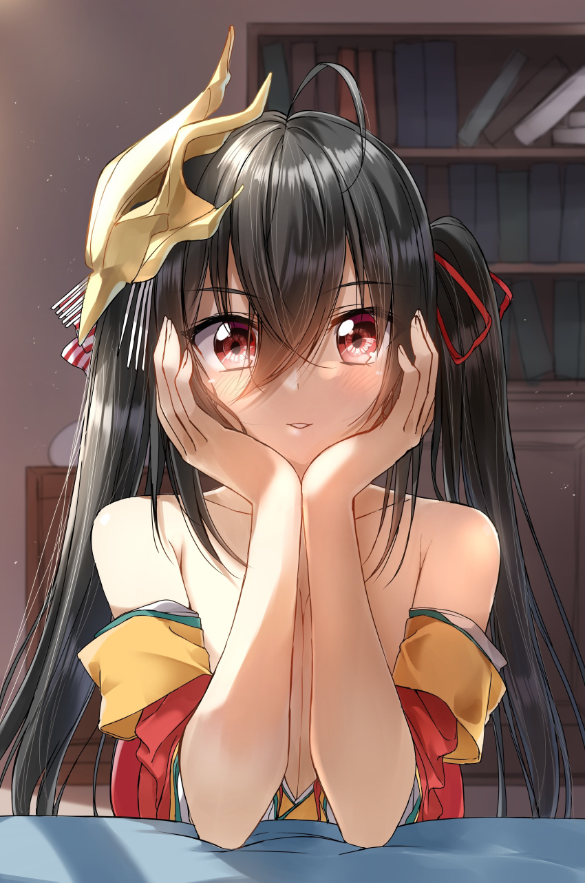 absurdres ahoge azur_lane bare_shoulders black_hair bookshelf dust_particles elbow_rest eyebrows_visible_through_hair eyes_visible_through_hair hair_between_eyes hair_ribbon hands_on_own_face highres indoors long_hair looking_at_viewer mask mask_on_head parted_lips pentagon_(railgun_ky1206) red_eyes ribbon smile solo taihou_(azur_lane) twintails