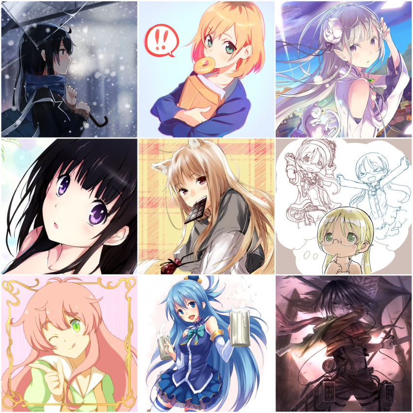 aqua_(kono_subarashii_sekai_ni_shukufuku_wo!) chitanda_eru emilia_(re_zero) holon hyouka jinrui_wa_suitai_shimashita made_in_abyss mikasa_ackerman miyamori_aoi re_zero_kara_hajimeru_isekai_seikatsu riko_(made_in_abyss) shingeki_no_kyojin shirobako spice_and_wolf watashi_(jinrui_wa_suitai_shimashita) yahari_ore_no_seishun_lovecome_wa_machigatteiru. yukinoshita_yukino