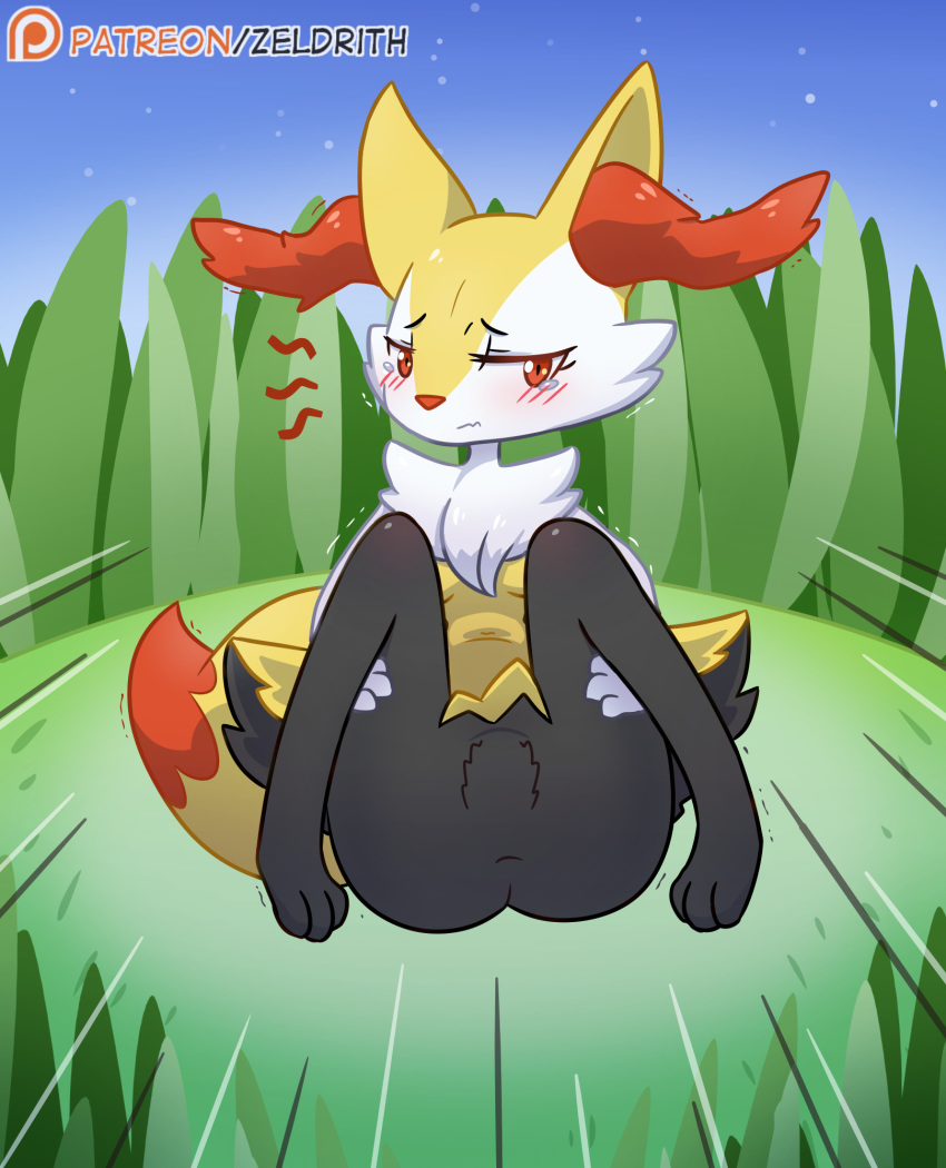 anthro blush braixen butt cute featureless_crotch female fur grass krishadraws nintendo patreon pok&eacute;mon pok&eacute;mon_(species) red_eyes spreading tears toes video_games