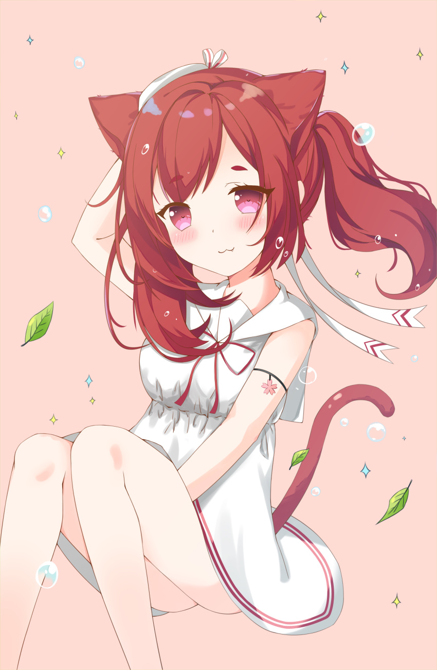:3 absurdres animal_ears arm_up ass azur_lane bad_id bad_pixiv_id bangs bare_arms bare_shoulders blush bow breasts brown_background bubble cat_ears cat_girl cat_tail closed_mouth dress eyebrows_visible_through_hair fang fang_out feet_out_of_frame hat head_tilt highres i-19_(azur_lane) liang_feng_qui_ye long_hair looking_at_viewer mini_hat purple_eyes red_hair sailor_dress simple_background sleeveless sleeveless_dress small_breasts solo sparkle striped striped_bow tail tail_raised tilted_headwear twintails white_bow white_dress
