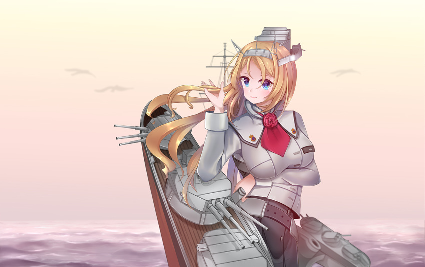 ascot blonde_hair blue_eyes breasts cannon cowboy_shot flower gradient_sky headgear kantai_collection large_breasts long_hair long_sleeves looking_at_viewer machinery military military_uniform nelson_(kantai_collection) pencil_skirt red_flower red_rose rose satsukikyo skirt sky solo turret uniform
