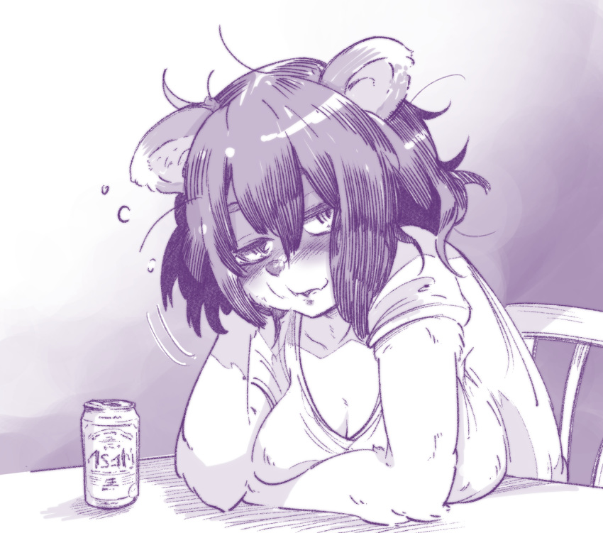 2018 alcohol anthro beer beverage big_breasts blush breast_rest breast_squish breasts can canine cleavage clothed clothing drunk eyelashes female hair half-closed_eyes half-length_portrait kemono kmbmooono looking_at_viewer mammal messy_hair monochrome portrait sitting smile solo steam table tanuki