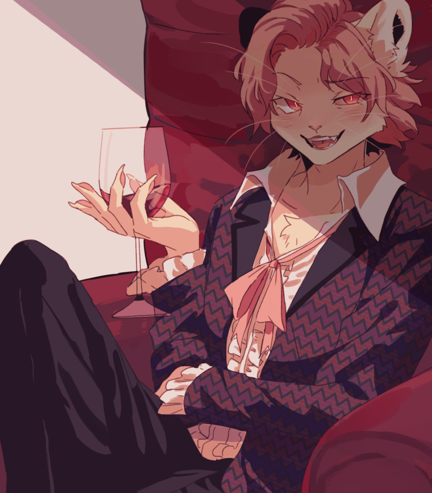 2018 5_fingers alcohol anthro beverage biped blush chair chest_tuft claws clothed clothing digital_media_(artwork) fangs feline fully_clothed fur hair half-closed_eyes holding_glass holding_object looking_at_viewer male mammal open_mouth open_smile pants pink_hair pink_nose portrait red_sclera ribbons shadow sharp_teeth sitting slit_pupils smile solo striped_clothing suit teeth three-quarter_portrait tongue tuft whiskers white_fur wine yellow_eyes zuekrz