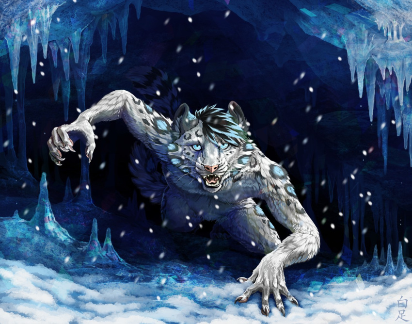 5_fingers anthro blue_eyes cave claws fangs feline fur hair humanoid_hands icicle inner_ear_fluff leopard male mammal nude open_mouth shiroashi snow snow_leopard snowing solo spots spotted_fur teeth tongue victory_(texdot)