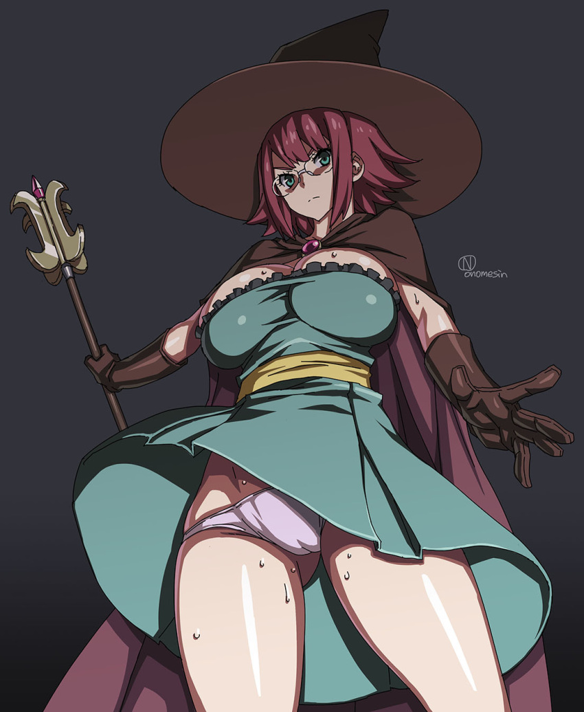 angry aqua_eyes artist_name ass_visible_through_thighs breasts cameltoe cape cleavage from_below glasses gloves goblin_slayer! grey_background hat highres large_breasts looking_at_viewer looking_down onomeshin panties pantyshot plump red_hair simple_background solo staff sweat underwear witch_hat wizard_(goblin_slayer!)