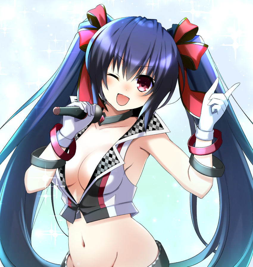 ;d black_hair blush breasts cleavage collarbone crop_top doria_(5073726) gloves groin hair_between_eyes hair_ribbon hands_up highres holding holding_microphone idol long_hair looking_at_viewer microphone midriff navel neptune_(series) no_bra noire one_eye_closed open_mouth red_eyes ribbon sleeveless smile solo twintails very_long_hair white_gloves