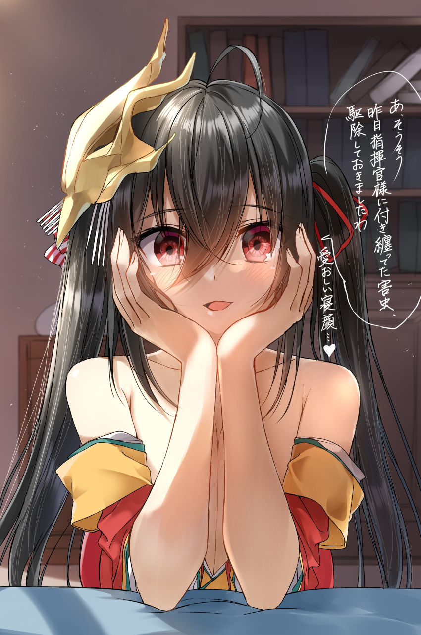 :d absurdres ahoge azur_lane bare_shoulders black_hair bookshelf dust_particles elbow_rest empty_eyes eyebrows_visible_through_hair eyes_visible_through_hair hair_between_eyes hair_ribbon hands_on_own_face highres indoors long_hair looking_at_viewer mask mask_on_head open_mouth pentagon_(railgun_ky1206) red_eyes ribbon smile solo taihou_(azur_lane) translated twintails yandere