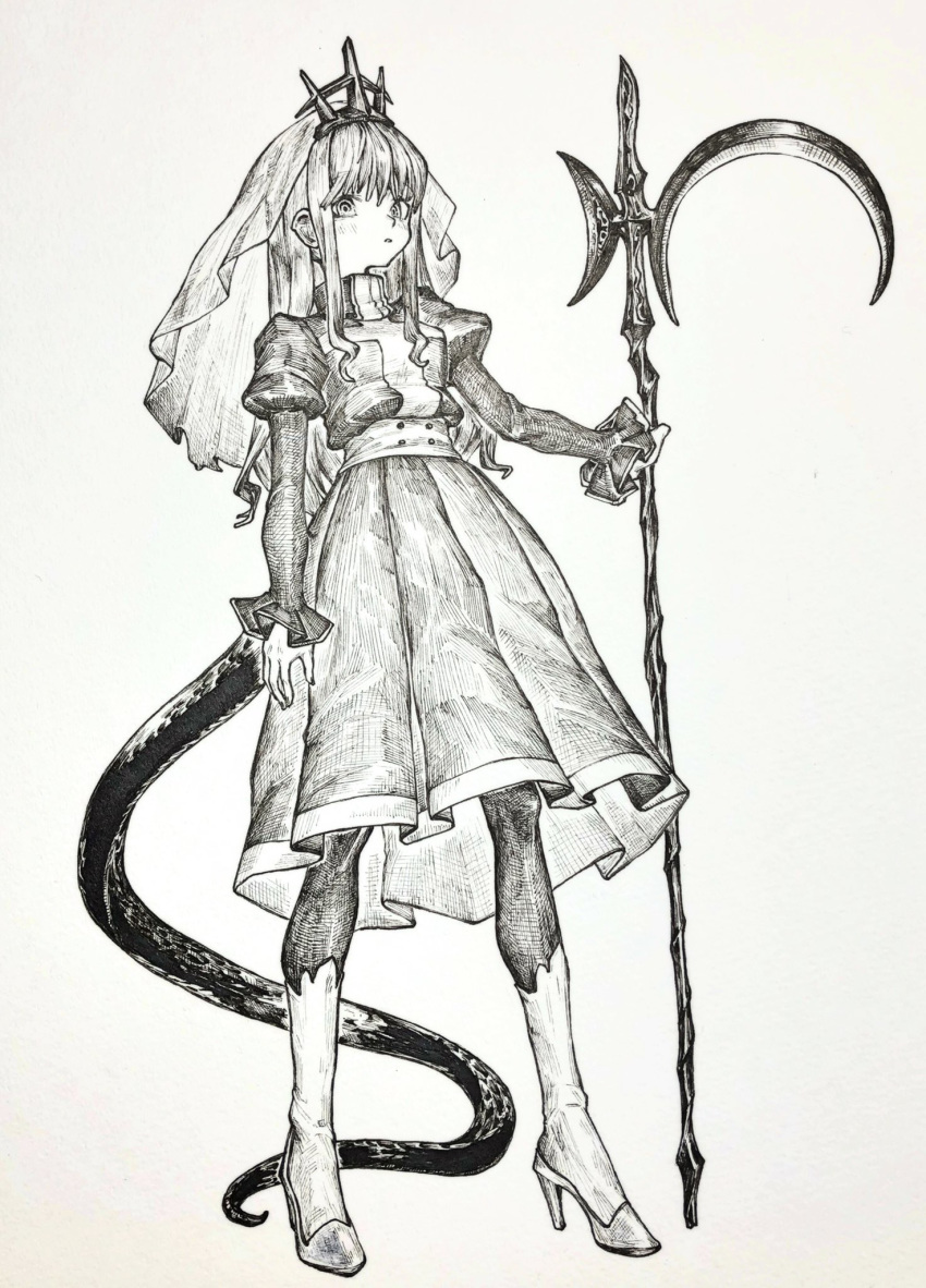 cross crosshatching crown dress greyscale hatching_(texture) high_heels highres holding holding_weapon long_hair looking_at_viewer mashimashi monochrome original solo tail weapon
