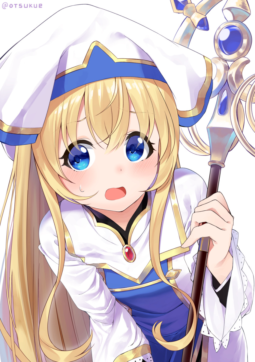 :o bangs blonde_hair blue_eyes blush breasts commentary dress dx_(dekusu) eyebrows_visible_through_hair goblin_slayer! hair_between_eyes hat highres holding holding_staff leaning_forward long_hair long_sleeves looking_at_viewer open_mouth priestess priestess_(goblin_slayer!) simple_background small_breasts smile solo staff sweat twitter_username upper_body very_long_hair white_background white_dress white_hat wide_sleeves